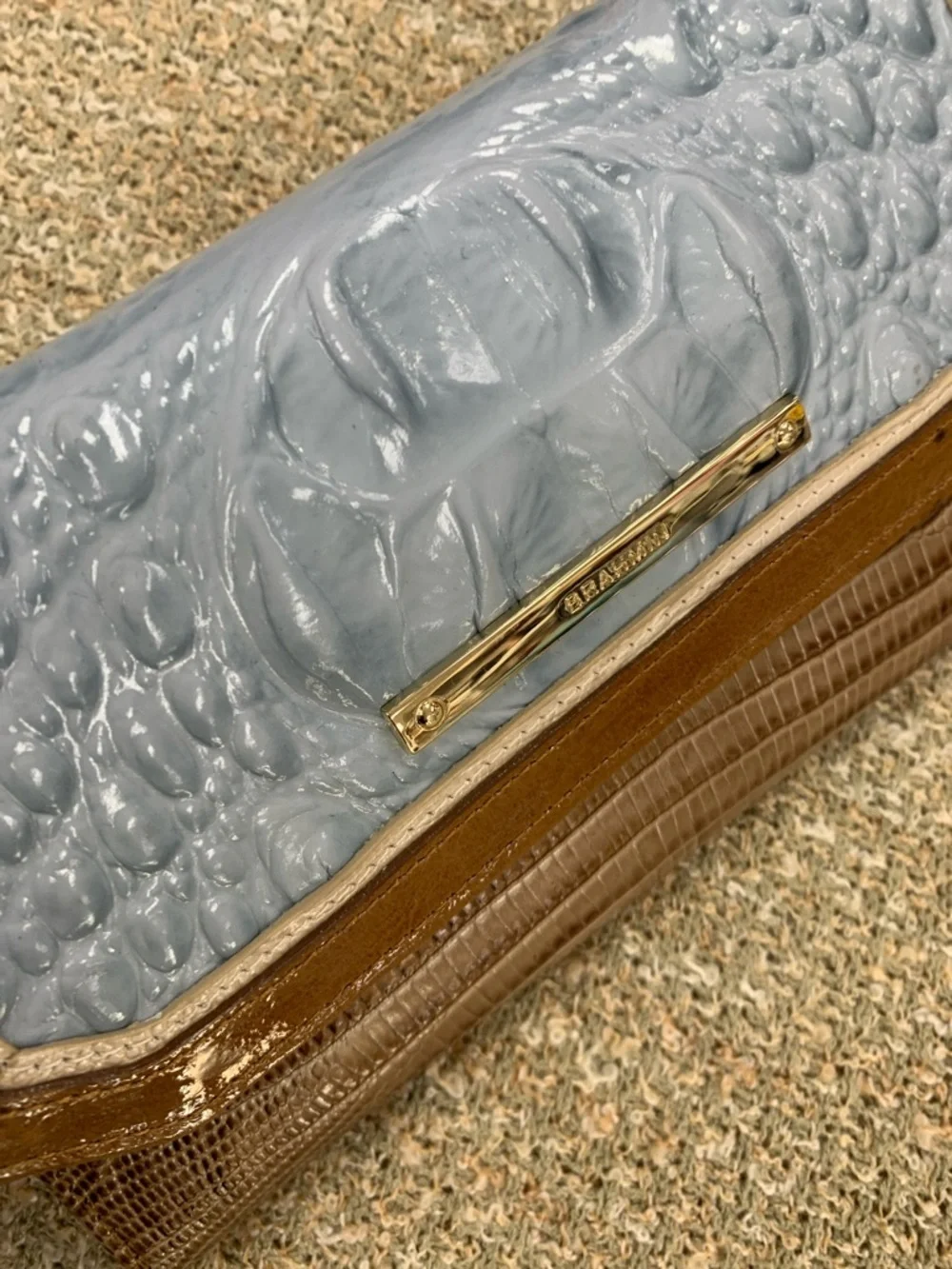 Brahmin Glossy Croc-Embossed Clutch in Light Blue & Brown